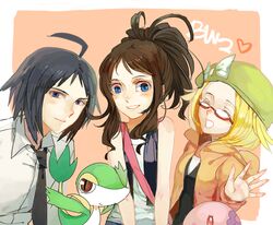  2girls ^_^ ahoge bel_(pokemon) black_eyes black_hair blonde_hair blue_eyes blush brown_hair cheren_(pokemon) closed_eyes eyes_closed glasses hat headwear_removed looking_at_viewer multiple_girls munna muyimuyi open_mouth pokemon pokemon_(game) pokemon_bw2 smile snivy title_drop touko_(pokemon) waving 