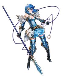  90s armor artist_request bare_shoulders blue_eyes blue_hair boots fingerless_gloves fire_emblem fire_emblem:_kakusei fire_emblem:_monshou_no_nazo gloves headband high_heels katua official_art polearm shoes skirt solo spear thigh-highs thighhighs weapon white_background 