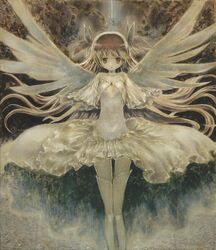  boots dress goddess_madoka grey kaname_madoka long_hair mahou_shoujo_madoka_magica oil_painting_(medium) solo suikaman_(kanikurimupasuta) thigh-highs thigh_boots thighhighs ultimate_madoka white_dress white_legwear wide_sleeves wings zettai_ryouiki 