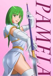  armor ass character_name dress elbow_gloves fire_emblem fire_emblem:_seisen_no_keifu gloves green_eyes green_hair long_hair pamela_(fire_emblem) polearm raisakusan short_dress side_slit smile solo spear thigh-highs thighhighs weapon 