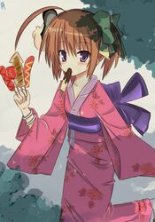  ahoge bow bracelet brown_hair candy_apple chocolate_banana hair_bow haruna_(kore_wa_zombie_desu_ka?) hot_dog ikayaki japanese_clothes jewelry kimono kore_wa_zombie_desu_ka? lokiyoe mask purple_eyes short_hair solo violet_eyes yukata 