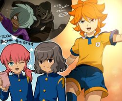  amemiya_taiyou hair_over_one_eye inazuma_eleven inazuma_eleven_(series) inazuma_eleven_go inazuma_eleven_go_chrono_stone kirino_ranmaru kurama_norihito lightning_bolt mizuhara_aki open_mouth raimon shindou_takuto smile soccer_uniform twintails wink 