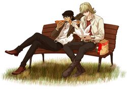  arm_behind_head barnaby_brooks_jr bench bird blonde_hair boots brown_eyes brown_hair cabbie_hat crossed_legs dove eating facial_hair food glasses green_eyes hat hot_dog hotdogs kaburagi_t_kotetsu katou_setsuko mask multiple_boys sitting stubble tiger_&amp;_bunny 