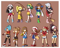  :p ^_^ backpack bag bandana bandanna bare_legs blonde_hair blue_(pokemon) blue_eyes blue_hair brown_background brown_hair closed_eyes crystal_(pokemon) dual_persona eyes_closed fingerless_gloves full_body gloves goggles goggles_on_head green_eyes haruka_(pokemon) hat highres hikari_(pokemon) hinata_(pokemon) hitomi_(pokemon) kotone_(pokemon) long_hair minami_(pokemon) mint_(pokemon) multiple_girls pigtails pokemon pokemon_(game) pokemon_bw pokemon_dppt pokemon_frlg pokemon_gsc pokemon_hgss pokemon_ranger pokemon_rse pokemon_special pokemon_trading_card_game ponytail porkpie_hat red_eyes short short_hair short_twintails skirt thigh-highs thighhighs tongue touko_(pokemon) twintails yellow yellow_(pokemon) yucopi 
