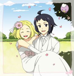  1boy 1girl ahoge bare_shoulders bel_(pokemon) black_hair blonde_hair bloom bow carrying cheren_(pokemon) dress drifloon flower formal hair_flower hair_ornament happy koitsu_(blue) laughing looking_at_viewer necktie no_glasses open_mouth pokemon pokemon_(game) pokemon_bw princess_carry short_hair suit wedding wedding_dress white_dress 