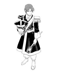 a-very-merry-unbirthday-to-you bass_(violinist_of_hameln) bass_(violinist_of_hameln)_(cosplay) caster_(fate/zero) cosplay disembodied_head epaulettes eyepatch fate/zero fate_(series) gem greyscale male military military_cap military_uniform monochrome staff uniform uryuu_ryuunosuke violinist_of_hameln 