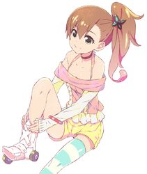  bare_shoulders brown_hair butterfly_hair_ornament chousoku_henkei_gyrozetter futami_mami green_eyes hair_ornament idolmaster inaba_rinne mizuki_makoto ribbon_choker roller_skates shorts side_ponytail single_thighhigh skates smile solo striped striped_legwear thigh-highs thighhighs 