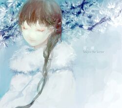  branch brown_hair closed_eyes flower fur_coat highres long_hair original oxalicacid smile solo 