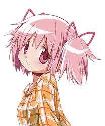 aoki_ume blush derivative_work hair_ribbon highres kaname_madoka mahou_shoujo_madoka_magica min_(westsign2170) pink_eyes pink_hair plaid ribbon simple_background smile solo twintails vector_trace white_background 