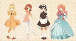  black_hair blonde_hair bow brown_eyes brown_hair crossdressing dress hair_bow juliet_(pokemon) juliet_(pokemon)_(cosplay) long_hair maid maid_headdress mary_janes mei_(maysroom) multiple_persona orange_dress pink_hair platter pokemon pokemon_(anime) satoko_(pokemon) satomi_(pokemon) satoshi_(pokemon) shoes short_hair trap 