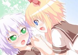  alternate_hair_length alternate_hairstyle blonde_hair blue_eyes blush glasses green_eyes hair_ribbon ikeda_chizuru kers multiple_girls open_mouth ribbon school_uniform short_hair silver_hair smile toshinou_kyouko yuru_yuri 