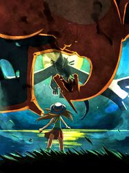  blue_(pokemon) brown_hair charizard from_behind grass hat holding holding_poke_ball horizon kneehighs leaf long_hair lugia miniskirt moon nintendo ocean poke_ball pokemon pokemon_(game) pokemon_frlg pokemon_hgss ryanpei skirt wind 