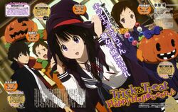  2boys 2girls absurdres chitanda_eru fukube_satoshi halloween happy_halloween highres hyouka ibara_mayaka jack-o'-lantern multiple_boys multiple_girls nishiya_futoshi official_art oreki_houtarou scan school_uniform seifuku trick_or_treat 