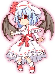  ascot bat_wings blue_hair blush capelet curiosities_of_lotus_asia fang hat hat_ribbon long_sleeves pila-pela red_eyes remilia_scarlet ribbon short_hair smile solo touhou wings 
