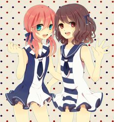  aqua_hair brown_eyes brown_hair dress hair_ribbon inazuma_eleven_(series) inazuma_eleven_go kasuga_(aricever) kirino_ranmaru long_hair male multiple_boys open_mouth pink_hair ribbon shindou_takuto short_hair smile trap twintails 