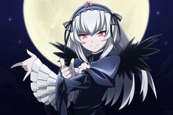  1girl bishoujo_senshi_sailor_moon dress flower frills full_moon gothic_lolita hairband lolita_fashion long_hair moon mtyy parody red_eyes rose rozen_maiden sailor_moon silver_hair smile solo suigintou tsuki_ni_kawatte_oshioki_yo wings 