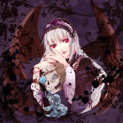  dress flower gothic_lolita highres hoe_satsuki lolita_fashion lolita_hairband long_hair red_eyes rose rozen_maiden silver_hair skull solo suigintou wings 