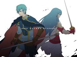  1girl aqua_hair armor blue_eyes blue_hair brother_and_sister cape eirika ephraim fire_emblem fire_emblem:_seima_no_kouseki gloves long_hair mushisotisis polearm short_hair siblings spear sword twins weapon 