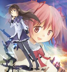 :d akemi_homura assault_rifle black_hair black_legwear bow breasts gun hair_ribbon hairband handgun highres kaname_madoka kari_kenji large_breasts long_hair mahou_shoujo_madoka_magica multiple_girls open_mouth pantyhose pink_hair purple_eyes red_eyes ribbon rifle school_uniform skirt smile sunlight twintails violet_eyes weapon wind 