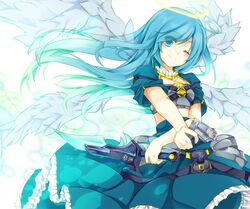  aqua_eyes aqua_hair breastplate copyright_request frills gun halo knife long_hair navel solo weapon wings wink yonema 