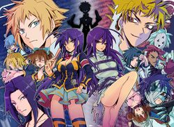  6+boys ahoge akune_kouki armband bandage bandages barefoot black_skin blonde_hair blue_eyes blue_hair blush brown_hair candy character_request dual_persona earrings fan folding_fan food hitoyoshi_zenkichi jewelry katana kikaijima_mogana knife_in_head koga_itami kumagawa_misogi kurokami_maguro kurokami_medaka long_hair mask medaka_box miyakonojou_oudo multiple_boys multiple_girls munakata_kei naze_youka open_mouth ponytail purple_eyes red_eyes ribbon school_uniform sheath shiranui_hansode short_hair smile straitjacket sword takachiho_shigusa thigh-highs thighhighs u_iii unsheathing violet_eyes weapon yellow_eyes yukuhashi_mizou 