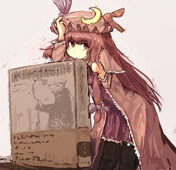  adjusting_hat ashiyama_yoshinori bear book box crescent dress hair_ribbon hat long_hair pantyhose patchouli_knowledge purple_eyes purple_hair ribbon robe solo touhou violet_eyes 