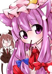  animal_ears black_legwear blush bow cat_ears eating hair_bow hat head_wings izumi_yuuji_(trace_kouhosei) koakuma long_hair multiple_girls necktie open_mouth patchouli_knowledge pocky purple_eyes purple_hair skirt tears thighhighs touhou violet_eyes |_| 