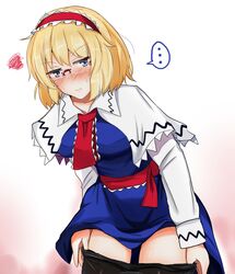  1girl alice_margatroid bespectacled black_legwear blonde_hair blue_eyes blue_hair blush capelet glasses hairband long_sleeves pantyhose pantyhose_pull poshi_(ginmokusei) sash short_hair solo squiggle touhou undressing 
