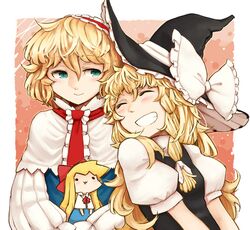  ^_^ alice_margatroid blonde_hair blue_eyes blush braid capelet closed_eyes eyes_closed grin hairband hat kirisame_marisa long_hair messy_hair multiple_girls ryuhey shanghai_doll single_braid smile solid_circle_eyes touhou witch_hat 