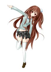  brown_hair hair_bobbles hair_ornament long_hair original peeyu pointing red_eyes standing_on_one_leg thigh-highs thighhighs very_long_hair white_legwear zettai_ryouiki 