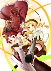  drill_hair foreshortening glint gun highres long_hair magical_girl magical_musket mahou_shoujo_madoka_magica mitsuki_meiya multiple_girls open_mouth ponytail red_eyes red_hair redhead sakura_kyouko tomoe_mami twin_drills twintails weapon yellow_eyes 