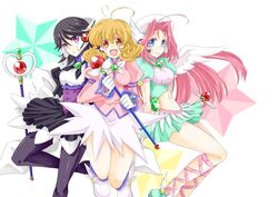  black_hair black_legwear blue_eyes brown_eyes brown_hair colored_eyelashes corrector_yui dress gem gloves hat kasuga_yui kisaragi_haruna long_hair magical_girl midriff multiple_girls navel pantyhose pink_hair purple_eyes shino-o shinozaki_ai short_hair smile staff violet_eyes 