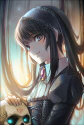  black_hair brooch bust glowing glowing_eyes goku-no-baka jewelry long_hair original skull smile 