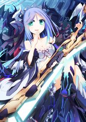  blue_hair breasts cleavage green_eyes ichiyan long_hair nail_polish original solo sword weapon 