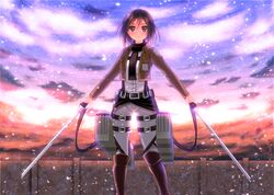  1girl belt boots brown_eyes brown_hair buckle clouds jacket long_sleeves mikasa_ackerman pants scarf shingeki_no_kyojin short_hair sky solo sword thigh_strap three-dimensional_maneuver_gear weapon yuzukaze_rio 