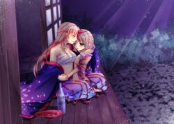  amagumo arm_around_neck bare_shoulders barefoot blonde_hair bottle budget_sarashi closed_eyes eyes_closed floral_print hand_holding holding_hands horn hoshiguma_yuugi indian_style japanese_clothes kimono mizuhashi_parsee moonlight multiple_girls mutual_yuri night pointy_ears profile sakazuki sake sarashi sitting smile touhou undressing unmoving_pattern wink yuri 
