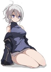  1girl blush breasts jacket k_(li) large_breasts melty_blood off_shoulder ponytail riesbyfe_stridberg short_shorts shorts sitting sleeveless sleeveless_turtleneck solo tsukihime turtleneck violet_eyes wariza white_hair 