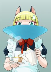 animal_ears apron bangs blonde_hair blunt_bangs bow bowtie cat_ears cup elizabethan_collar green_eyes highres maid original pouring saucer seikaiyoku spill spilling sweatdrop teacup teapot 