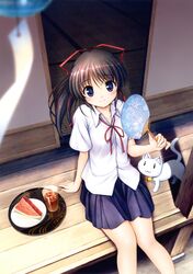  absurdres arm_support bekkankou bell bell_collar blurry brown_hair cat collar daitoshokan_no_hitsujikai daitoshokan_no_hitsujikai:_a_good_librarian_like_a_good_shepherd depth_of_field fan food from_above fruit hair_ribbon highres leaning_back paper_fan pleated_skirt ponytail purple_eyes ribbon sakuraba_tamamo scan sitting skirt smile solo tatami uchiwa violet_eyes watermelon 