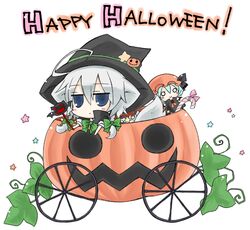  :> ahoge angeltype animal_ears bat blue_eyes braid candy candy_cane character_doll chariot costume dog_ears dog_tail english flat_gaze halloween happy_halloween hat inu_sakuya izayoi_sakuya jack-o'-lantern jack-o'-lantern o_o remilia_scarlet short_hair silver_hair solo star tail touhou twin_braids wand witch witch_hat 