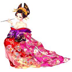  black_hair breasts cleavage courtesan headdress highres japanese_clothes kiseru makeup momoi_komomo oiran original pipe purple_eyes smoke smoking smoking_pipe violet_eyes 