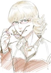  barnaby_brooks_jr blonde_hair blue_eyes glasses green_eyes holding holding_glasses jacket jewelry kamatani_yuuki necklace red_jacket solo tiger_&amp;_bunny 
