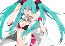  aqua_eyes aqua_hair belt bikini_top bracelet breasts cleavage earrings floating_hair hatsune_miku highres jewelry long_hair m0chio midriff mound_of_venus nail_polish navel open_shirt pole simple_background solo twintails vocaloid white_background 