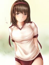  1girl anegasaki_nene blush breasts brown_hair buruma gym_uniform hairband long_hair looking_at_viewer love_plus nanacy7 solo 