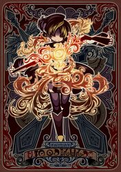  beret blonde_hair boots dark_persona drill_hair evil_grin evil_smile fire grin gun hair_ornament hat kotou madoka_runes magical_girl magical_musket mahou_shoujo_madoka_magica pleated_skirt skirt smile solo standing_on_one_leg tarot the_magician thigh-highs thighhighs tomoe_mami weapon yellow_eyes 