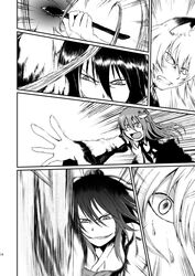  3girls animal_ears black_hair comic evil_grin evil_smile fan fox_ears grin hair_ornament highres judo_fuu kochiya_sanae long_hair monochrome multiple_girls shameimaru_aya short_hair smile touhou translation_request yakumo_ran 
