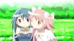  blue_eyes blue_hair blush cape cheek-to-cheek cheek_press goddess_madoka hair_ribbon hangaku highres kaname_madoka long_hair luminous_(madoka_magica) magical_girl mahou_shoujo_madoka_magica mahou_shoujo_madoka_magica_movie miki_sayaka multiple_girls official_style open_mouth pink_eyes pink_hair ribbon short_hair smile ultimate_madoka 