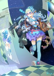  blue_eyes blue_hair bow crayon glasses gun highres long_hair magazine open_mouth pixiv pixiv-tan riccae skirt solo spray_paint sword thigh-highs thighhighs weapon 