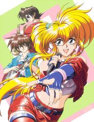  blonde_hair blues_(rockman) brown_hair dennis_pulido earrings fingerless_gloves gloves green_eyes guitar instrument jewelry long_hair microphone pointing rockman rockman_(classic) roll saxophone short_shorts shorts singing smile sunglasses 