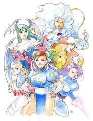  bat_wings blonde_hair bodysuit bracelet braid breasts brown_eyes brown_hair bun_cover cammy_white capcom china_dress chinese_clothes chun-li cleavage crossover dark_skin demon_girl earrings elbow_gloves fingerless_gloves gloves green_eyes green_hair hands_on_hips head_wings jewelry leotard long_hair marvel marvel_vs._capcom morrigan_aensland multicolored_hair pantyhose psylocke purple_hair rogue_(x-men) storm_(x-men) street_fighter thigh-highs thighhighs traditional_media two-tone_hair vampire_(game) white_hair wings x-men 